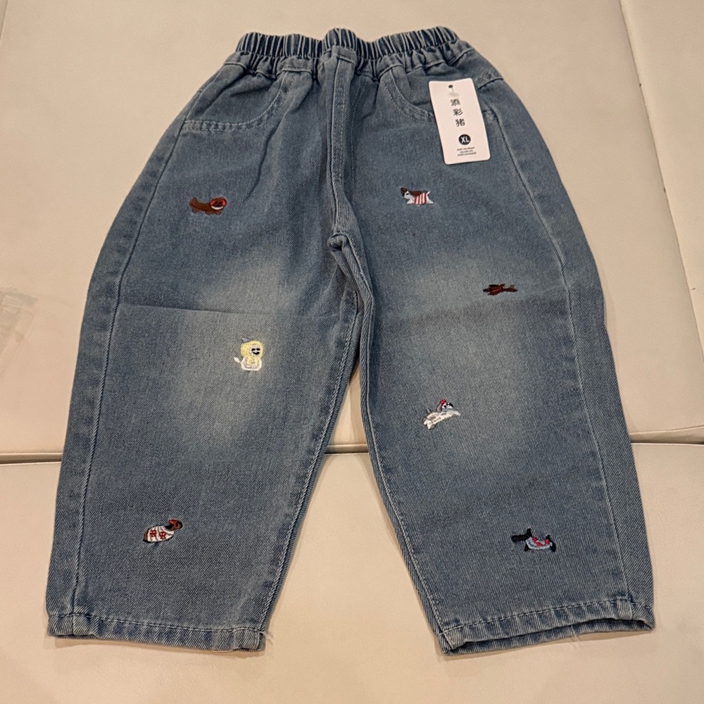 Kids Denim Puppy Embroidered Pants -NWT